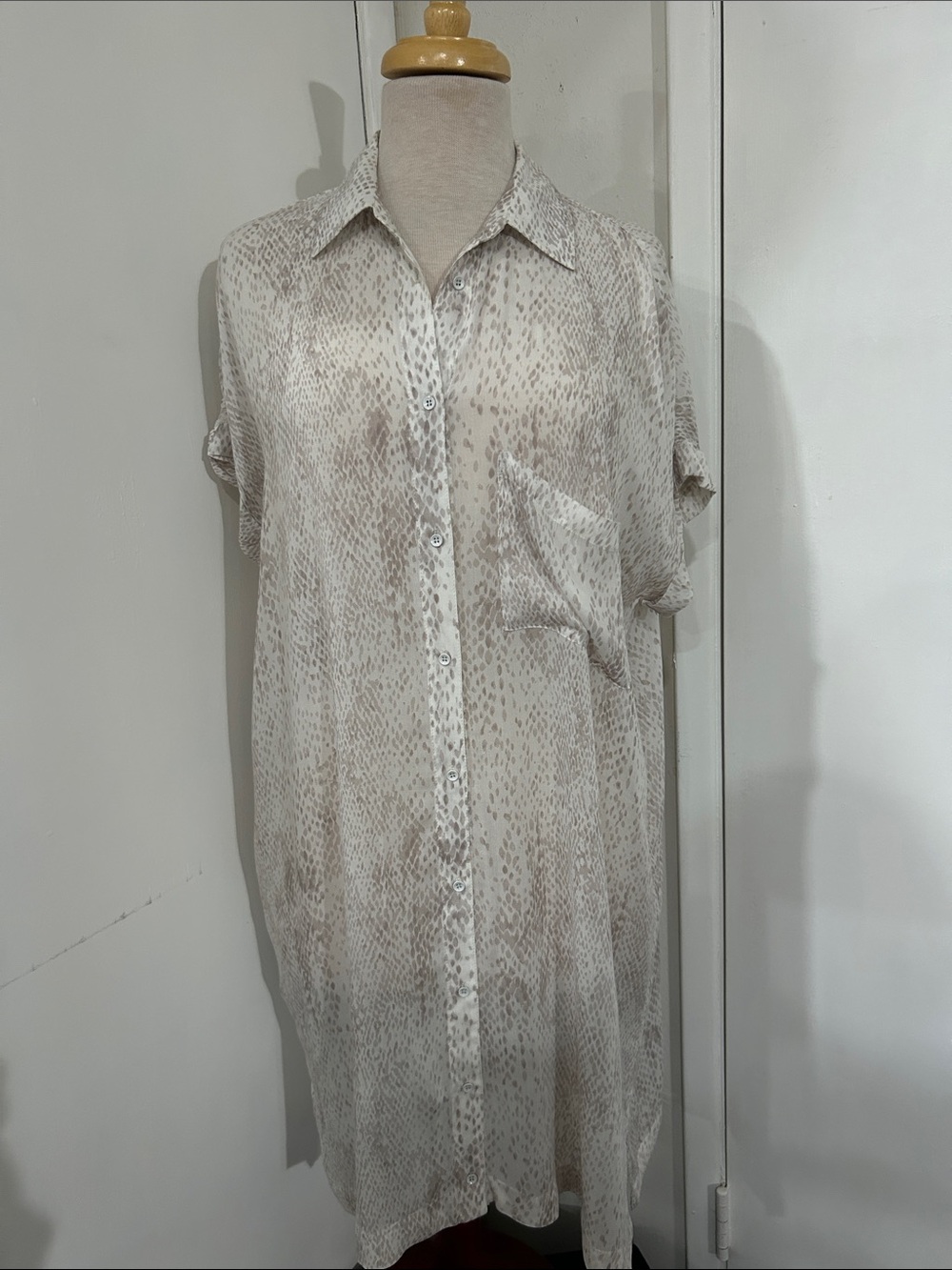 Neutral Printed Short-Sleeve Button-Down Shirt Dress